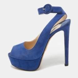 Prada Blue Suede Peep Toe Platform Ankle Strap Sandals Size 36.5