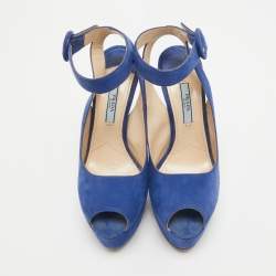 Prada Blue Suede Peep Toe Platform Ankle Strap Sandals Size 36.5