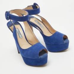 Prada Blue Suede Peep Toe Platform Ankle Strap Sandals Size 36.5