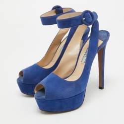 Prada Blue Suede Peep Toe Platform Ankle Strap Sandals Size 36.5