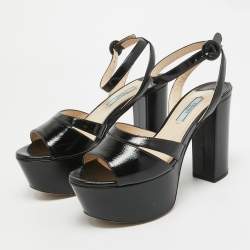 Prada Black Patent Leather Platform Ankle Strap Sandals Size 36.5