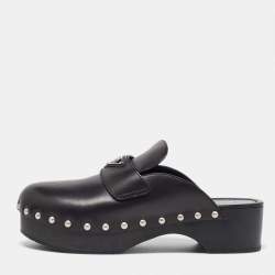 Pre Owned Prada Black Leather Studded Platform Mules Size 42