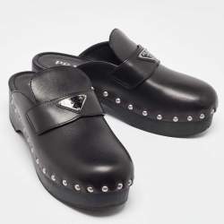 Pre Owned Prada Black Leather Studded Platform Mules Size 42