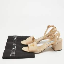 Prada Beige Saffiano Patent Leather Ankle Strap Sandals Size 37