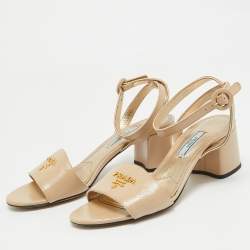 Prada Beige Saffiano Patent Leather Ankle Strap Sandals Size 37