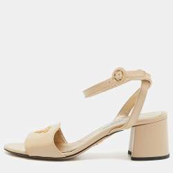 Prada Beige Saffiano Patent Leather Ankle Strap Sandals Size 37