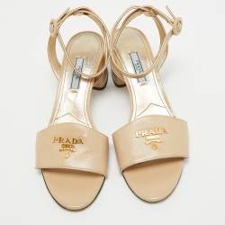 Prada Beige Saffiano Patent Leather Ankle Strap Sandals Size 37
