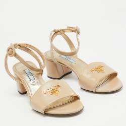 Prada Beige Saffiano Patent Leather Ankle Strap Sandals Size 37