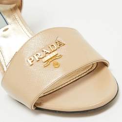 Prada Beige Saffiano Patent Leather Ankle Strap Sandals Size 37