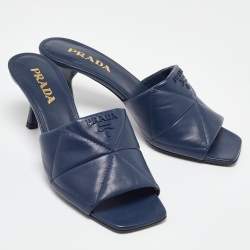 Pre Owned Prada Blue Quilted Leather Slide Sandals Size 40