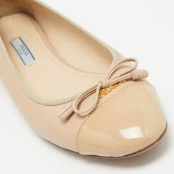 Pre Owned Prada Beige Leather and Patent Cap Toe Bow Ballet Flats Size 38.5