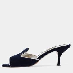 Prada Navy Blue Velvet and Leather Slide Sandals Size 39.5