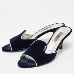 Prada Navy Blue Velvet and Leather Slide Sandals Size 39.5