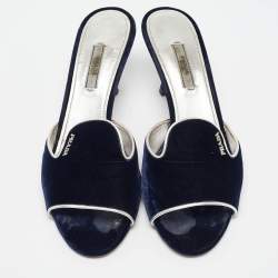 Prada Navy Blue Velvet and Leather Slide Sandals Size 39.5