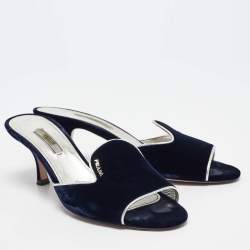 Prada Navy Blue Velvet and Leather Slide Sandals Size 39.5