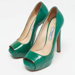 Pre Owned Prada Green Patent Leather Peep Toe Pumps Size 36