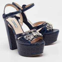 Pre Owned Prada Navy Blue Embossed Croc Crystal Embellished Platform Ankle Strap Sandals Size 39