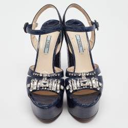 Pre Owned Prada Navy Blue Embossed Croc Crystal Embellished Platform Ankle Strap Sandals Size 39