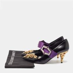 Pre Owned Prada Black/Purple Leather and Satin Crystal Embellished Mary Jane Pumps Size 38