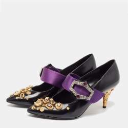 Pre Owned Prada Black/Purple Leather and Satin Crystal Embellished Mary Jane Pumps Size 38