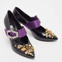Pre Owned Prada Black/Purple Leather and Satin Crystal Embellished Mary Jane Pumps Size 38