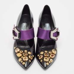 Pre Owned Prada Black/Purple Leather and Satin Crystal Embellished Mary Jane Pumps Size 38