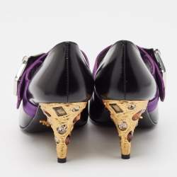 Pre Owned Prada Black/Purple Leather and Satin Crystal Embellished Mary Jane Pumps Size 38