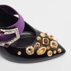Pre Owned Prada Black/Purple Leather and Satin Crystal Embellished Mary Jane Pumps Size 38
