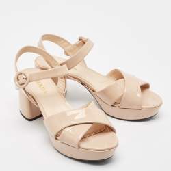 Prada Beige Patent Leather Platform Ankle Strap Sandals Size 38