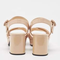 Prada Beige Patent Leather Platform Ankle Strap Sandals Size 38