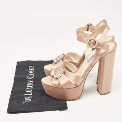 Prada Beige Satin Crystal Embellished Ankle Strap Platform Sandals Size 38