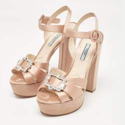 Prada Beige Satin Crystal Embellished Ankle Strap Platform Sandals Size 38
