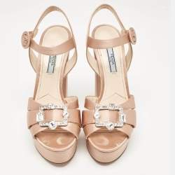 Prada Beige Satin Crystal Embellished Ankle Strap Platform Sandals Size 38