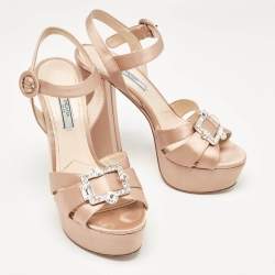 Prada Beige Satin Crystal Embellished Ankle Strap Platform Sandals Size 38