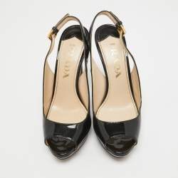 Pre Owned Prada Black Patent Leather Peep Toe Slingback Pumps Size 36.5