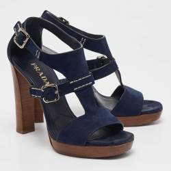 Prada Navy Blue Nubuck Leather Platform Sandals Size 37