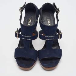 Prada Navy Blue Nubuck Leather Platform Sandals Size 37