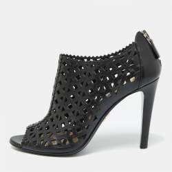 Pre Owned Prada Black Perforated Leather Peep Toe Booties Size 38