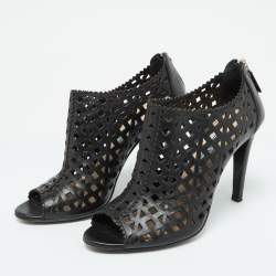 Pre Owned Prada Black Perforated Leather Peep Toe Booties Size 38