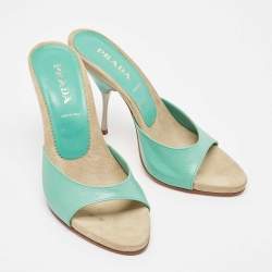 Prada Turquoise Leather and Suede Slide Sandals Size 37