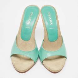 Prada Turquoise Leather and Suede Slide Sandals Size 37