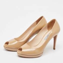 Prada Beige Patent Leather Peep Toe Pumps Size 38