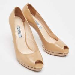 Prada Beige Patent Leather Peep Toe Pumps Size 38