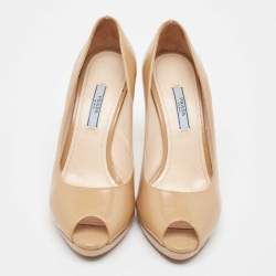 Prada Beige Patent Leather Peep Toe Pumps Size 38