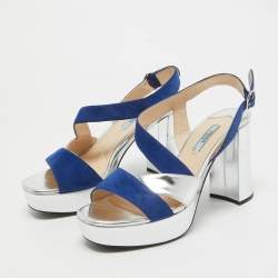 Prada Silver/Blue Leather and Suede Platform Slingback Sandals Size 38