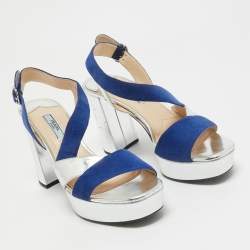 Prada Silver/Blue Leather and Suede Platform Slingback Sandals Size 38