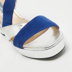Prada Silver/Blue Leather and Suede Platform Slingback Sandals Size 38