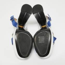 Prada Silver/Blue Leather and Suede Platform Slingback Sandals Size 38