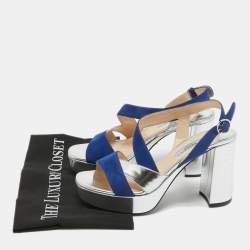 Prada Silver/Blue Leather and Suede Platform Slingback Sandals Size 38