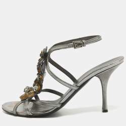 Prada Grey Leather Crystal Embellished Ankle Strap Sandals Size 37.5